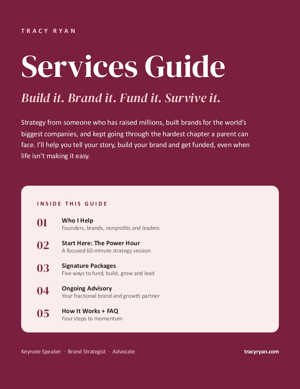 Tracy Ryan Services Guide, page 1