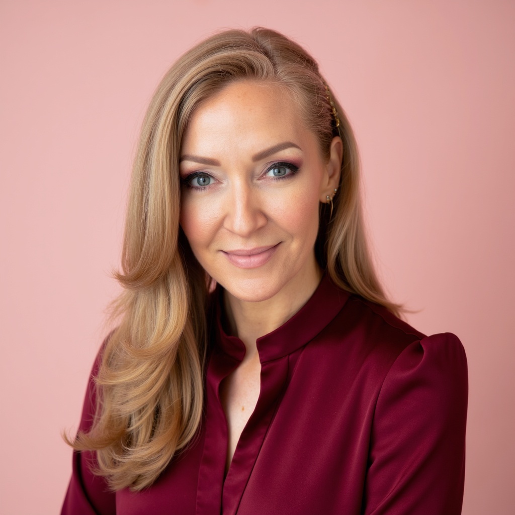 Tracy Ryan in a wine-colored blouse
