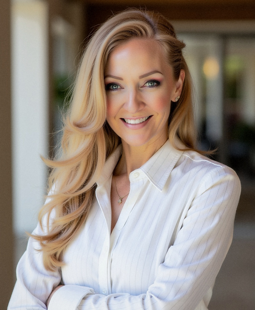 Tracy Ryan smiling in a white blouse